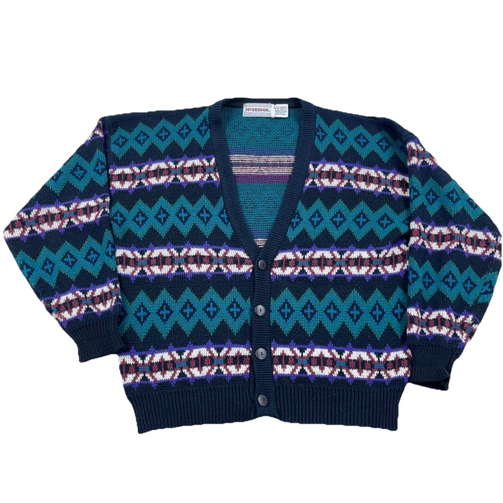 Vintage McGregor Cardigan Sweater Men XL Black Green Knit 80s 90s Biggie Cosby